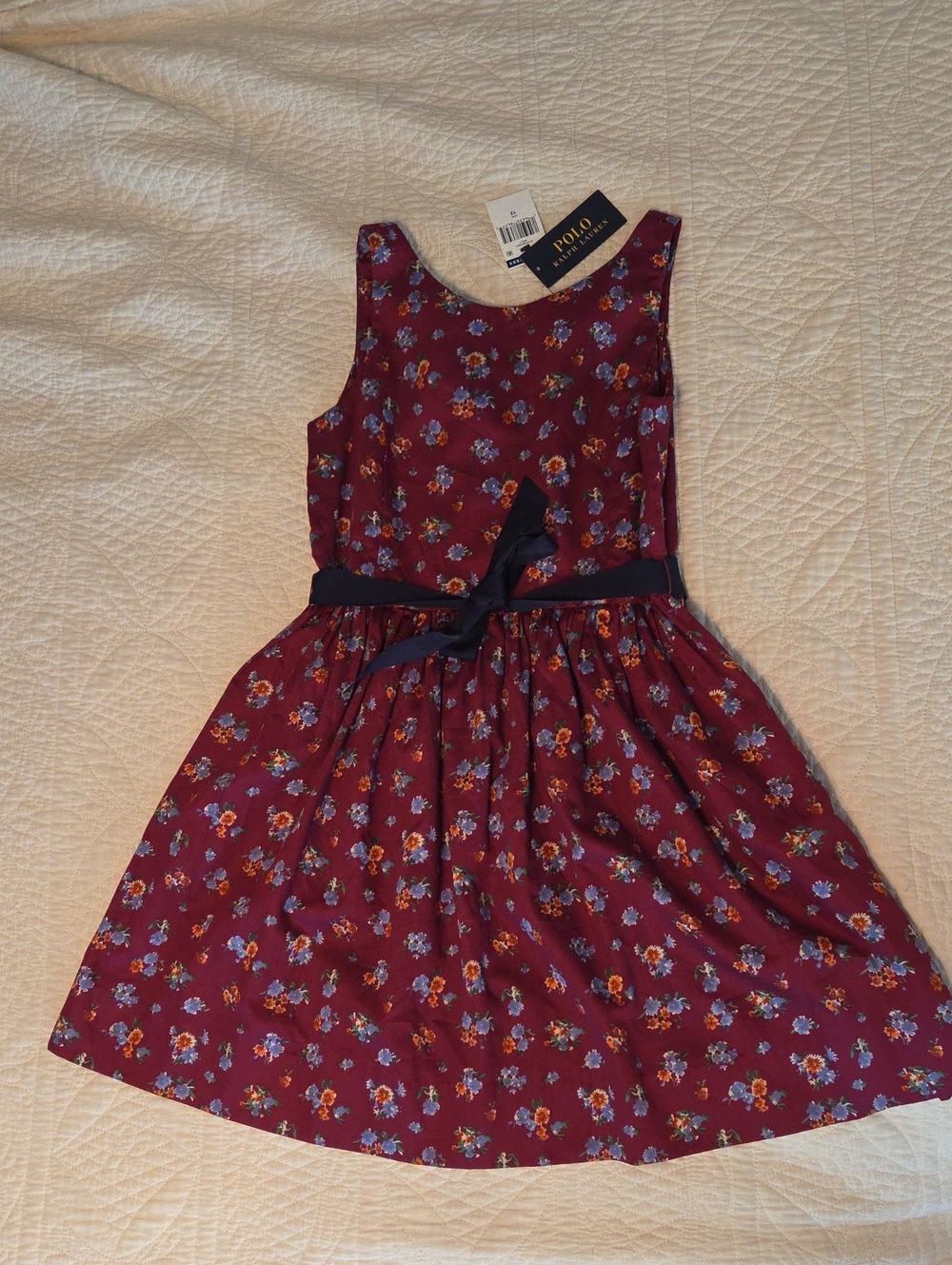 Polo by Ralph Lauren Burgundy Floral Sleeveless Dress with Navy Bow